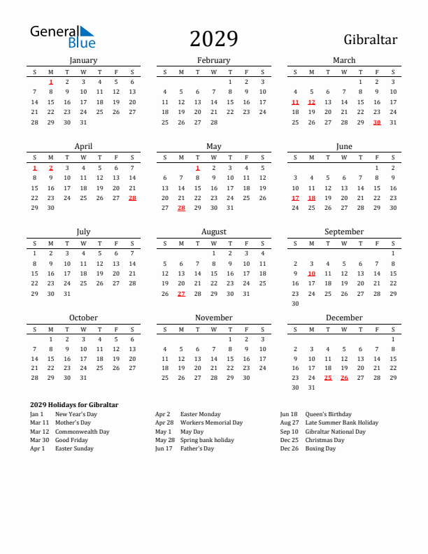 Gibraltar Holidays Calendar for 2029