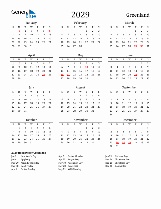 Greenland Holidays Calendar for 2029