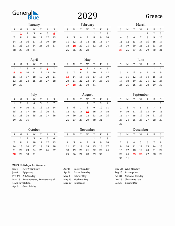 Greece Holidays Calendar for 2029