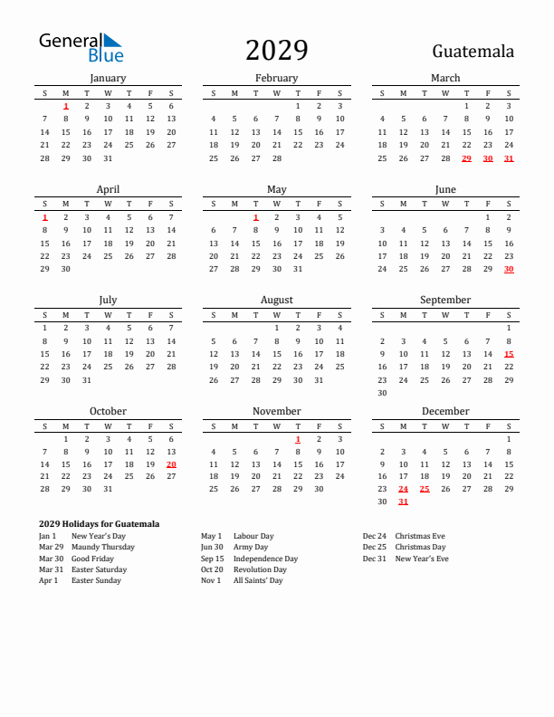 Guatemala Holidays Calendar for 2029