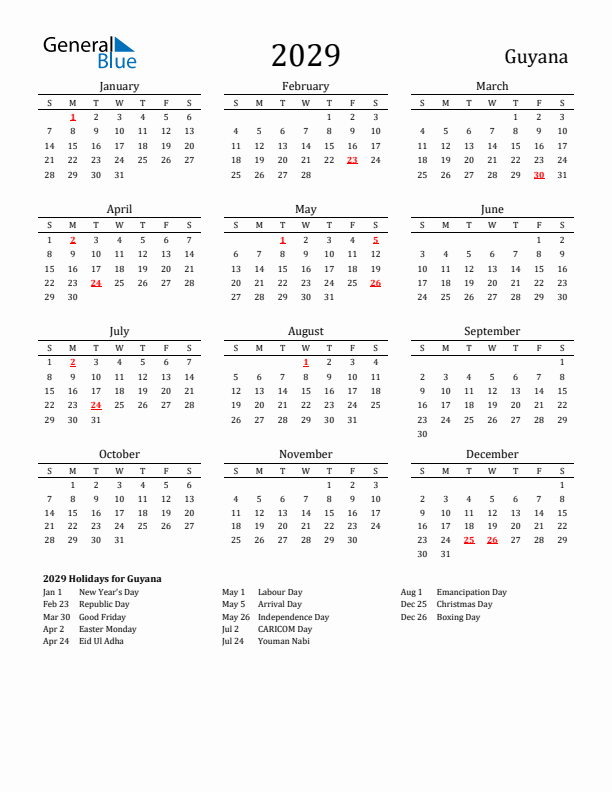 Guyana Holidays Calendar for 2029
