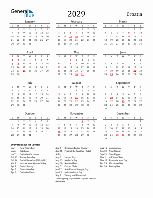 Croatia Holidays Calendar for 2029