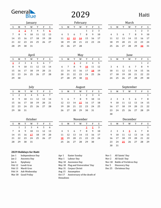 Haiti Holidays Calendar for 2029