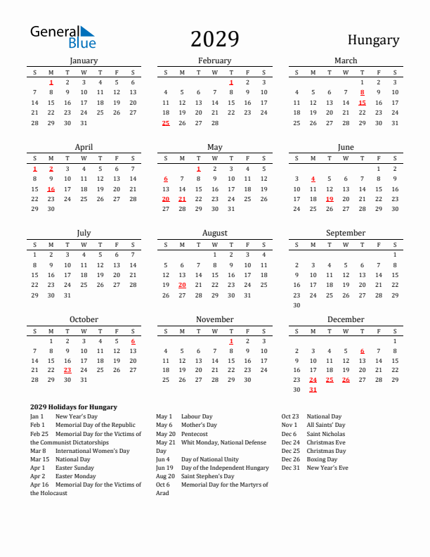 Hungary Holidays Calendar for 2029
