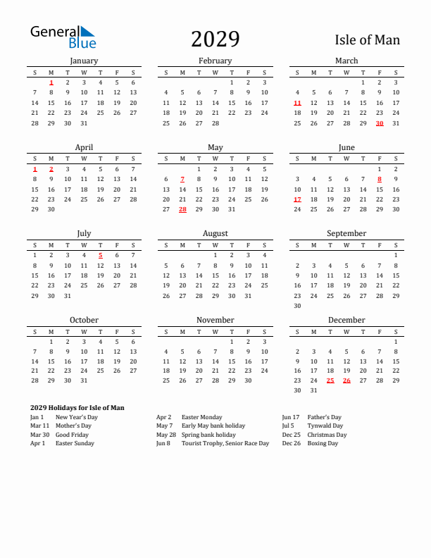 Isle of Man Holidays Calendar for 2029