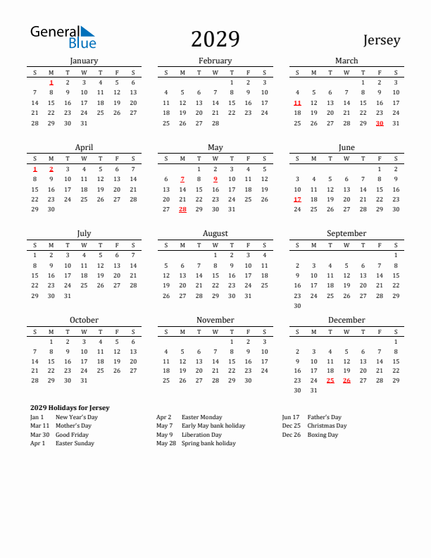 Jersey Holidays Calendar for 2029