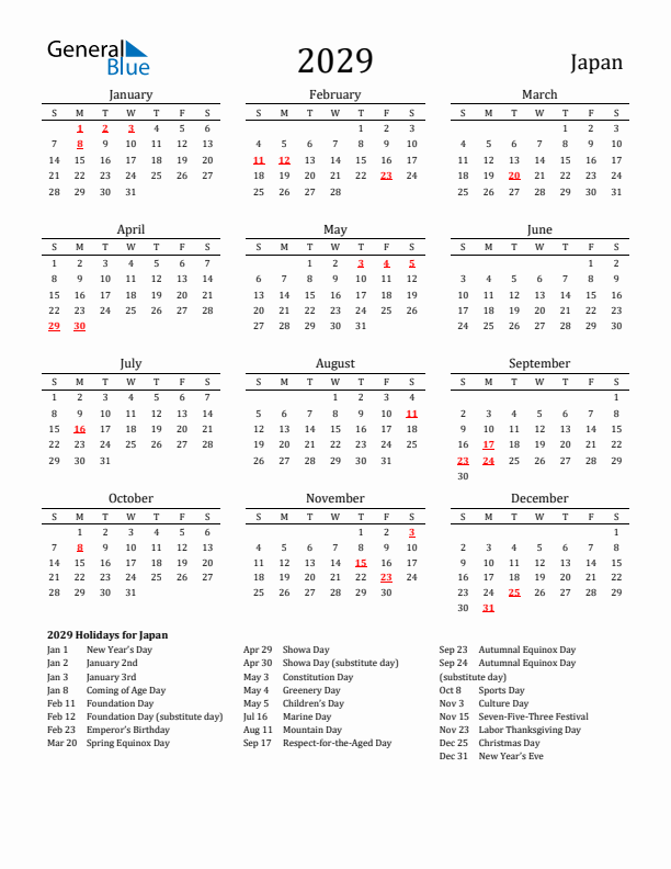 Japan Holidays Calendar for 2029