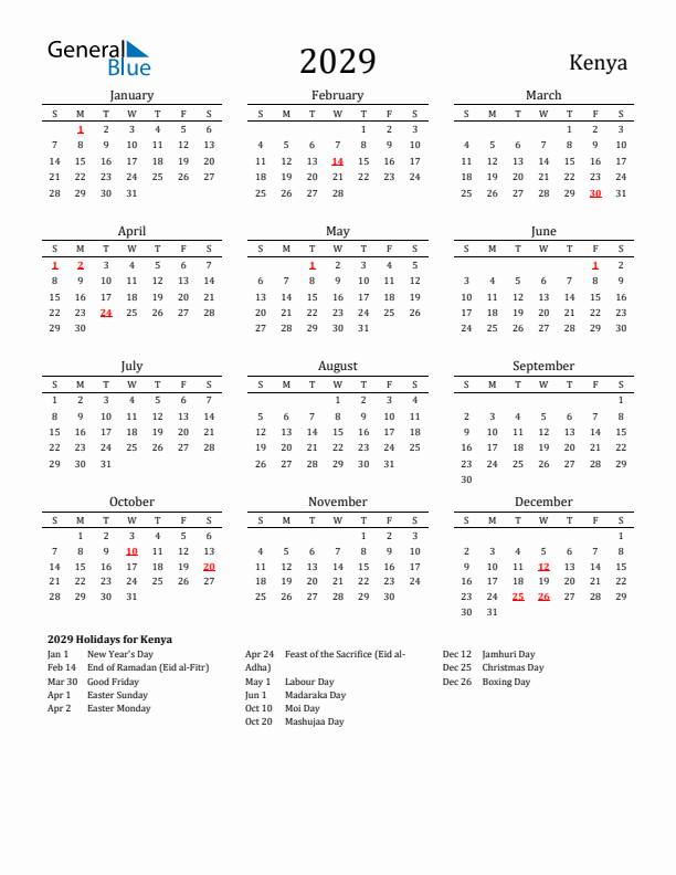 Kenya Holidays Calendar for 2029