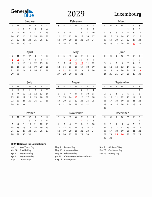 Luxembourg Holidays Calendar for 2029