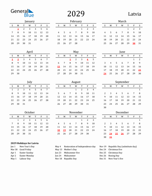 Latvia Holidays Calendar for 2029