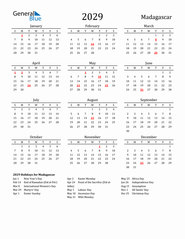Madagascar Holidays Calendar for 2029