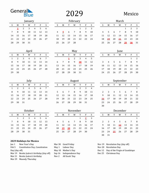 Mexico Holidays Calendar for 2029