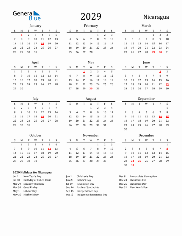 Nicaragua Holidays Calendar for 2029