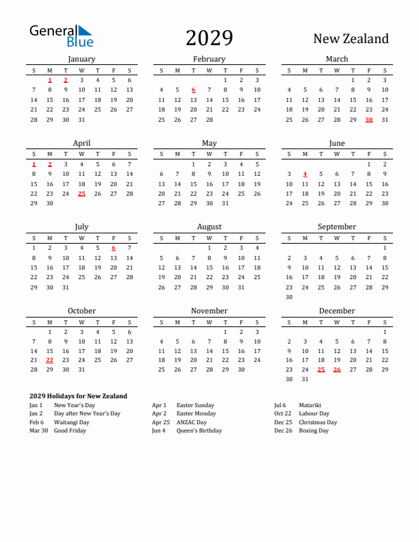 New Zealand Holidays Calendar for 2029