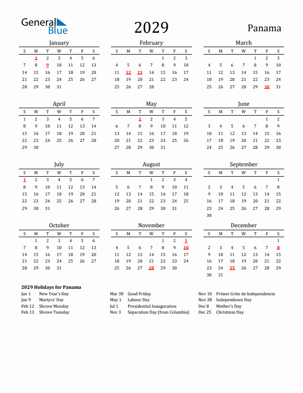 Panama Holidays Calendar for 2029