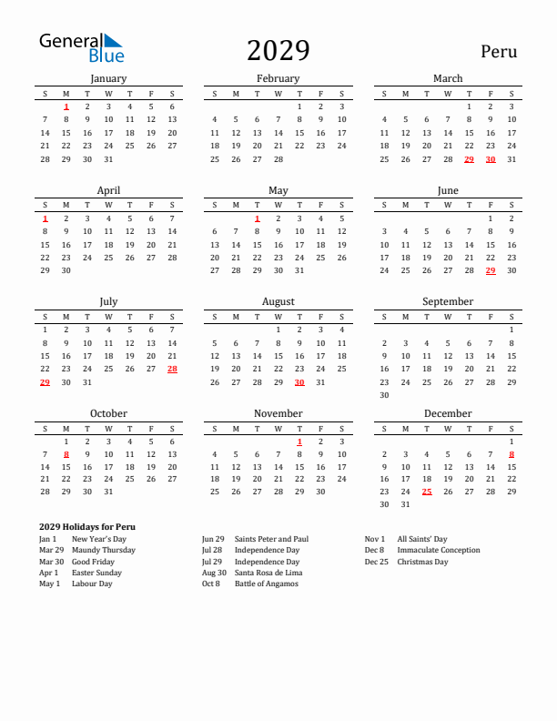 Peru Holidays Calendar for 2029