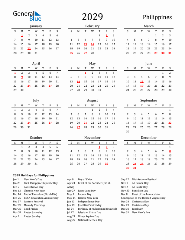 2029 Philippines Calendar with Holidays