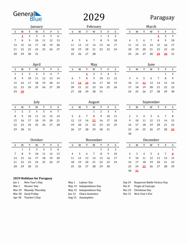 Paraguay Holidays Calendar for 2029