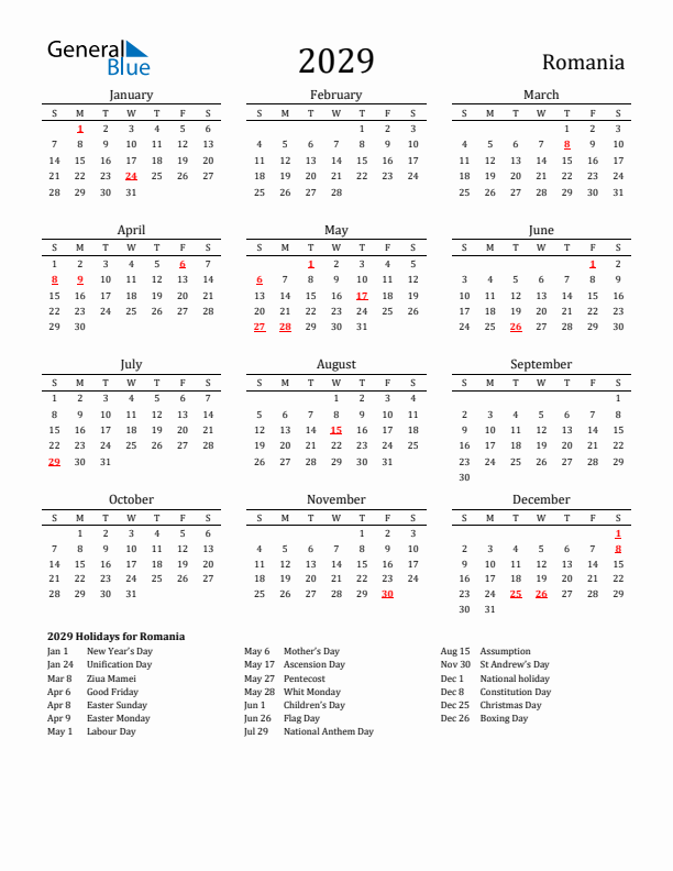 Romania Holidays Calendar for 2029
