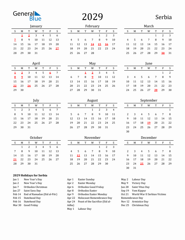 Serbia Holidays Calendar for 2029