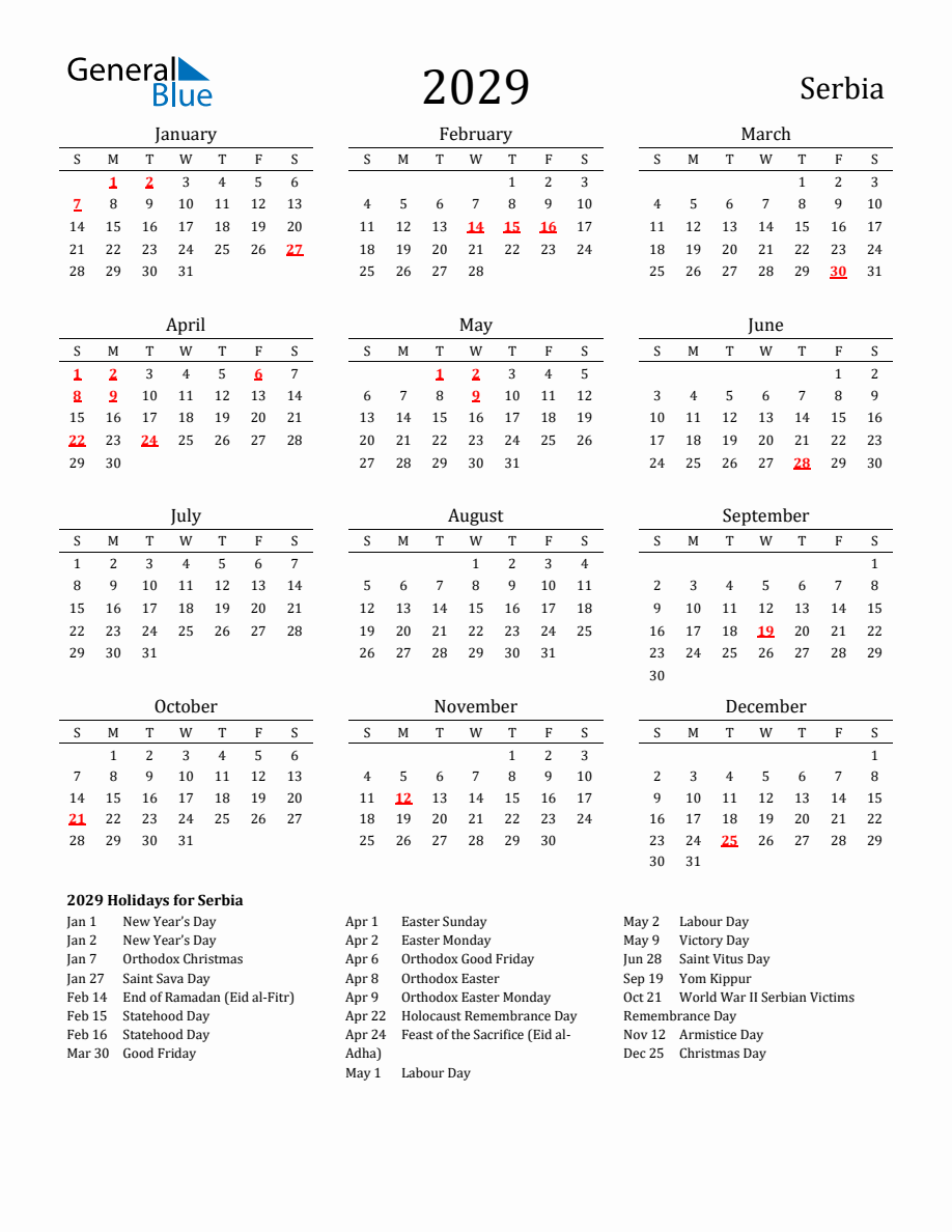 Free Serbia Holidays Calendar for Year 2029