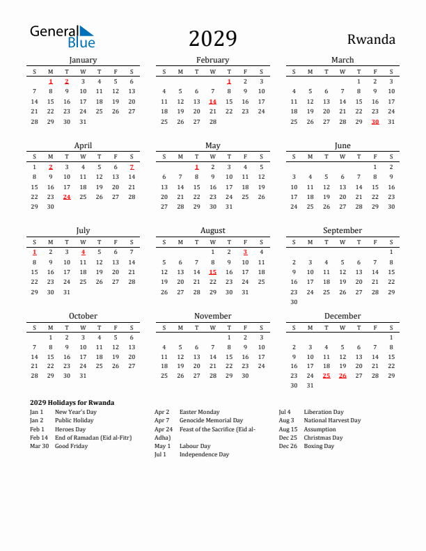 Rwanda Holidays Calendar for 2029