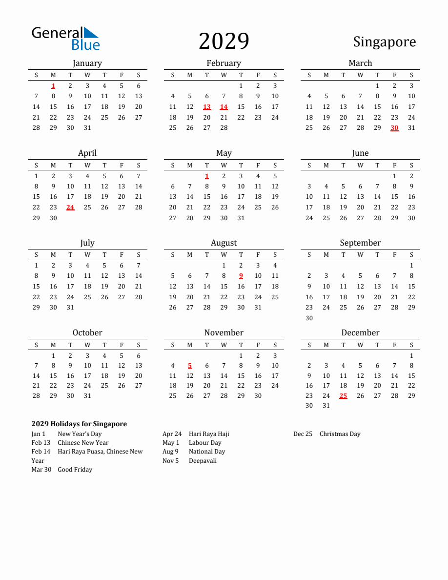 Free Singapore Holidays Calendar for Year 2029