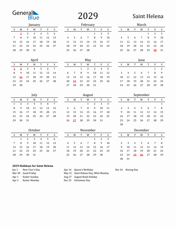 Saint Helena Holidays Calendar for 2029