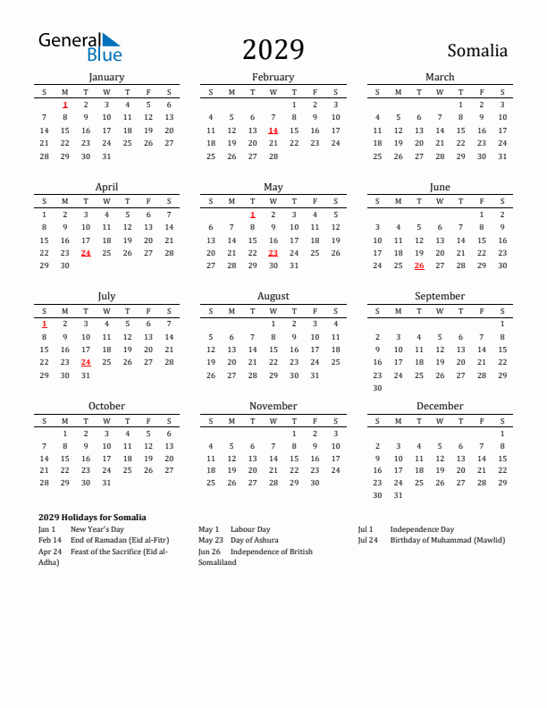 Somalia Holidays Calendar for 2029