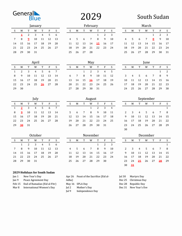 South Sudan Holidays Calendar for 2029