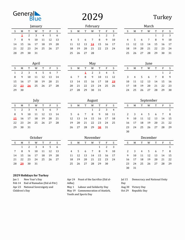 Turkey Holidays Calendar for 2029