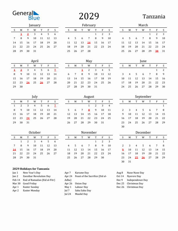 Tanzania Holidays Calendar for 2029
