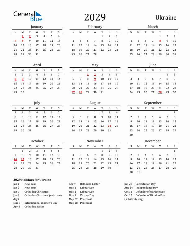 Ukraine Holidays Calendar for 2029