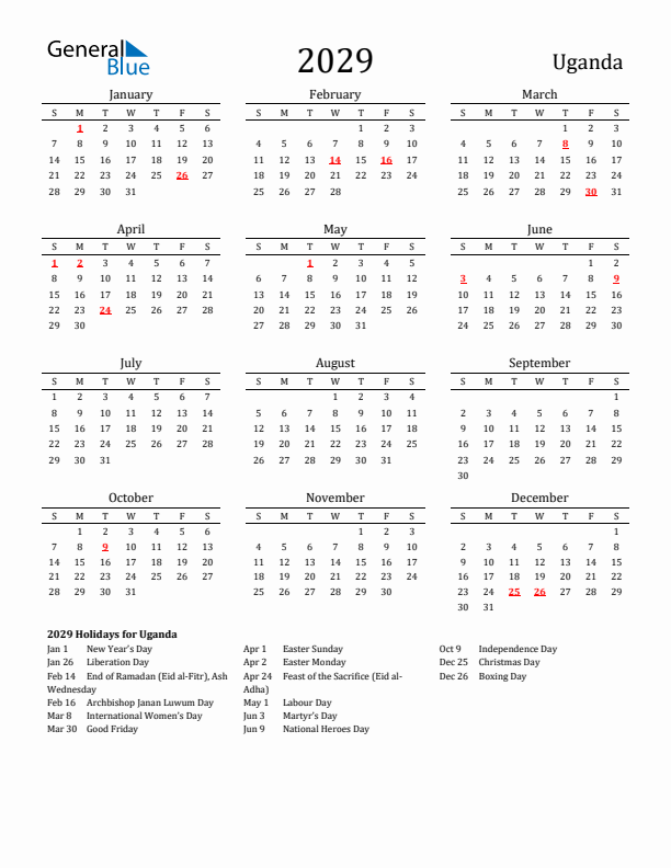 Uganda Holidays Calendar for 2029
