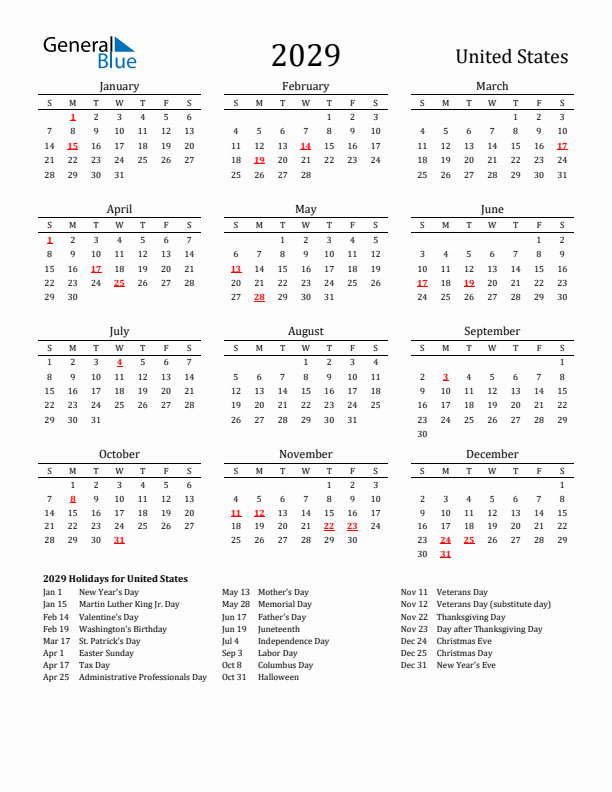 United States Holidays Calendar for 2029