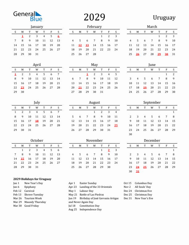 Uruguay Holidays Calendar for 2029