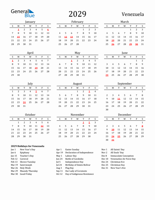 Venezuela Holidays Calendar for 2029