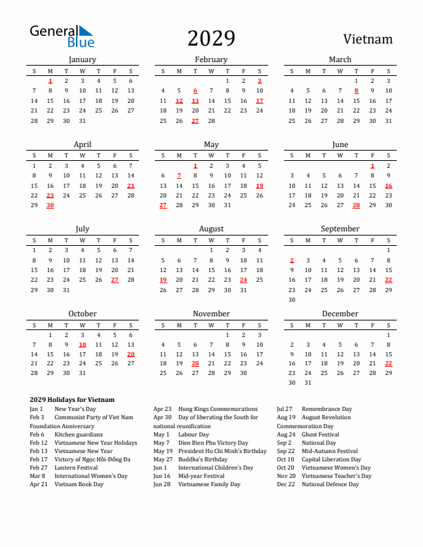 Vietnam Holidays Calendar for 2029