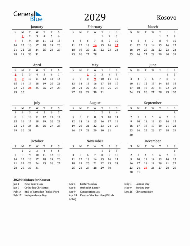 Kosovo Holidays Calendar for 2029