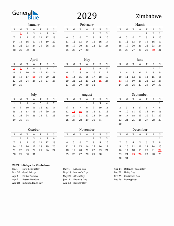 Zimbabwe Holidays Calendar for 2029