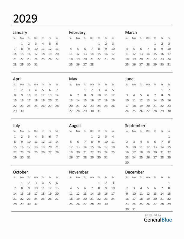 Printable Calendar for 2029