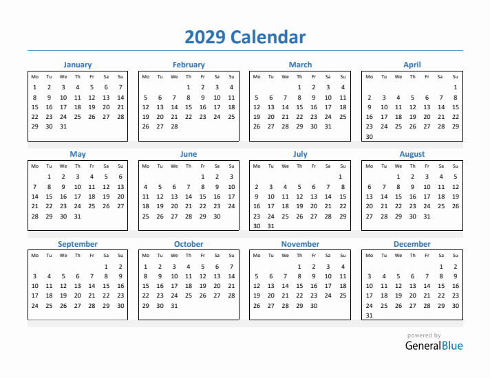 2029 Simple Yearly Calendar (PDF Excel Word)