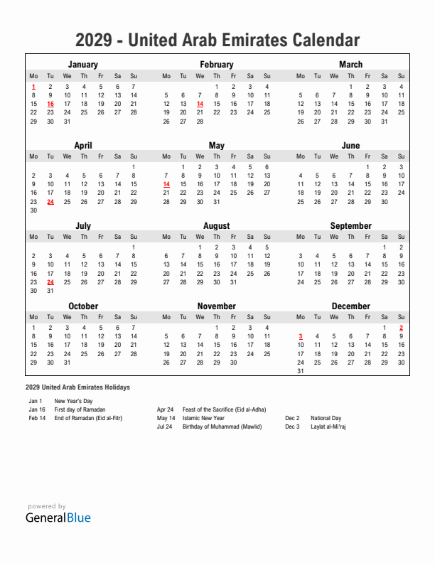 Year 2029 Simple Calendar With Holidays in United Arab Emirates