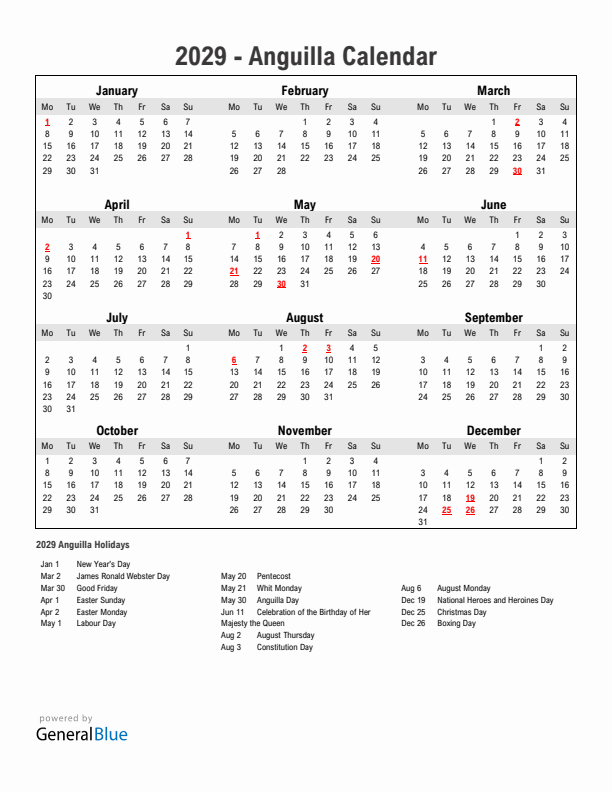 Year 2029 Simple Calendar With Holidays in Anguilla