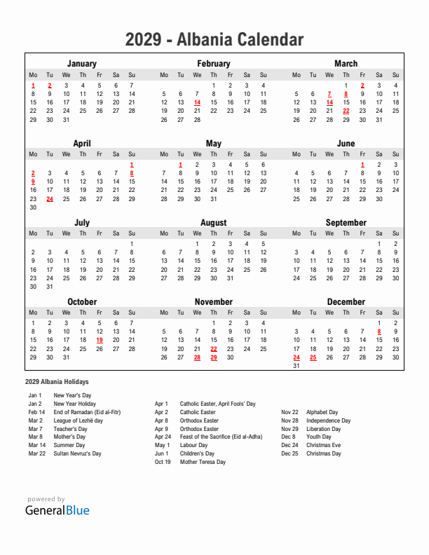 Year 2029 Simple Calendar With Holidays in Albania