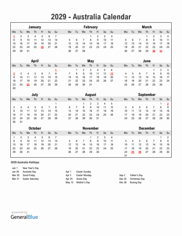 Year 2029 Simple Calendar With Holidays in Australia