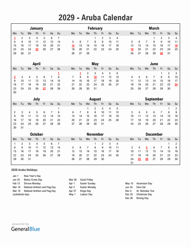 Year 2029 Simple Calendar With Holidays in Aruba