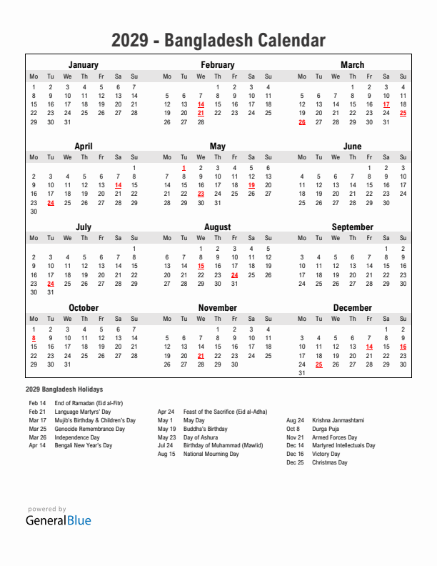 Year 2029 Simple Calendar With Holidays in Bangladesh