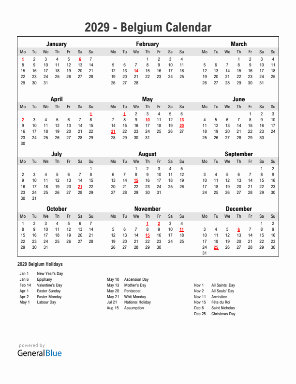 Year 2029 Simple Calendar With Holidays in Belgium