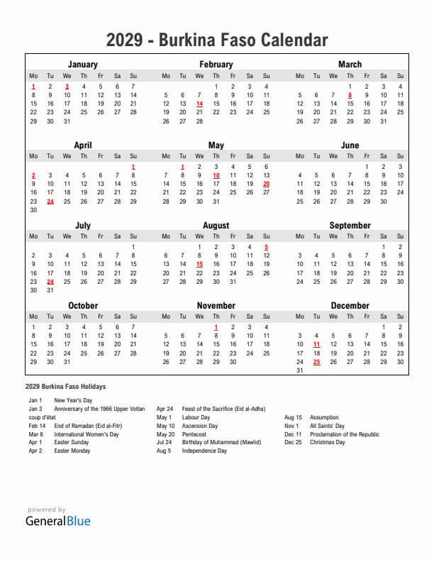 Year 2029 Simple Calendar With Holidays in Burkina Faso